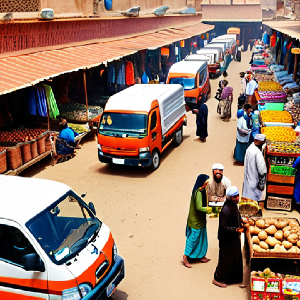 **A bustling Urdu-speaking marketplace scene showcasing efficient logistics: delivery trucks, vendors using smartphones for inventory, and happy customers. Focus on vibrant colors and cultural details.**