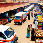 **A bustling Urdu-speaking marketplace scene showcasing efficient logistics: delivery trucks, vendors using smartphones for inventory, and happy customers. Focus on vibrant colors and cultural details.**