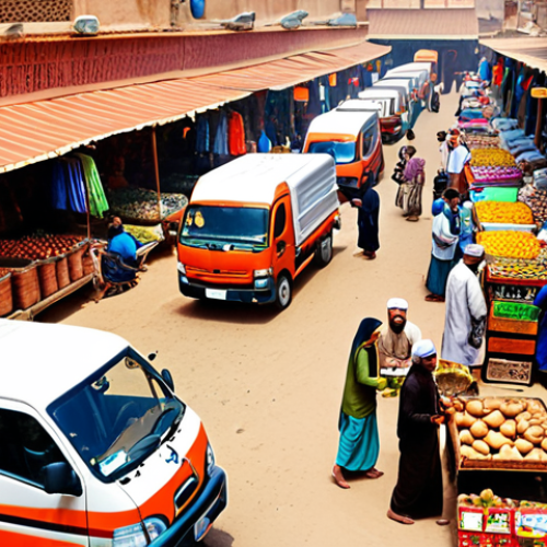 Home 4 **A bustling Urdu-speaking marketplace scene showcasing efficient logistics: delivery trucks, vendors using smartphones for inventory, and happy customers. Focus on vibrant colors and cultural details.**
