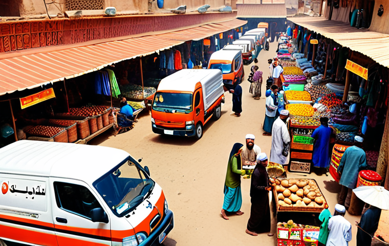 **A bustling Urdu-speaking marketplace scene showcasing efficient logistics: delivery trucks, vendors using smartphones for inventory, and happy customers. Focus on vibrant colors and cultural details.**