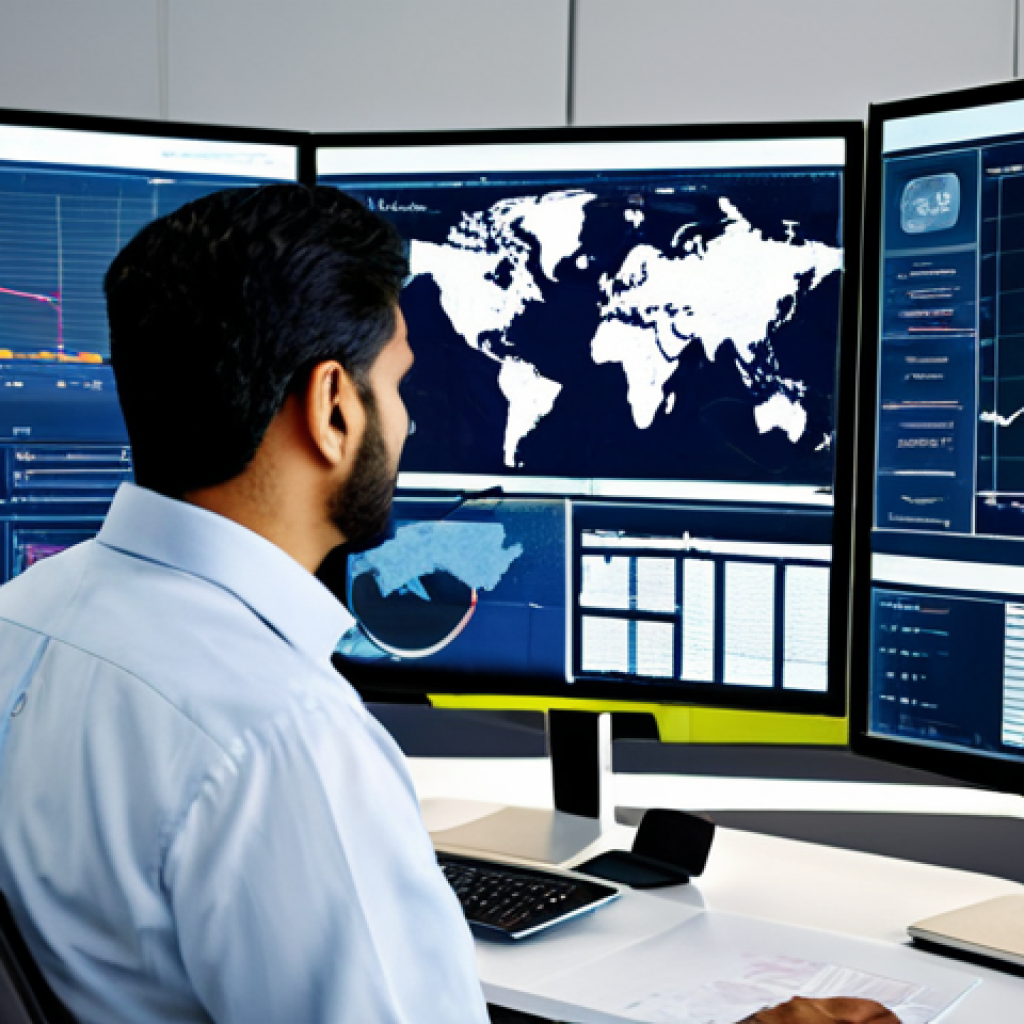 A professional Pakistani male logistics manager, mid-career, wearing a modest business suit and a crisp button-up shirt. He is standing in a modern, clean logistics control room, thoughtfully observing multiple large, holographic screens that display complex yet clear supply chain data visualizations, including interconnected global maps and real-time data streams. The scene emphasizes transparency and efficiency in logistics, with subtle visual elements representing secure data flow. The atmosphere is professional and calm. Professional photography, high resolution, soft studio lighting, crisp details, sharp focus, perfect anatomy, correct proportions, natural pose, well-formed hands, proper finger count, natural body proportions, fully clothed, modest clothing, appropriate attire, professional dress, safe for work, appropriate content.