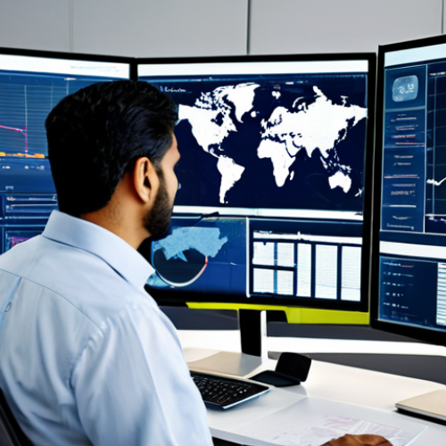 Home 21 A professional Pakistani male logistics manager, mid-career, wearing a modest business suit and a crisp button-up shirt. He is standing in a modern, clean logistics control room, thoughtfully observing multiple large, holographic screens that display complex yet clear supply chain data visualizations, including interconnected global maps and real-time data streams. The scene emphasizes transparency and efficiency in logistics, with subtle visual elements representing secure data flow. The atmosphere is professional and calm. Professional photography, high resolution, soft studio lighting, crisp details, sharp focus, perfect anatomy, correct proportions, natural pose, well-formed hands, proper finger count, natural body proportions, fully clothed, modest clothing, appropriate attire, professional dress, safe for work, appropriate content.