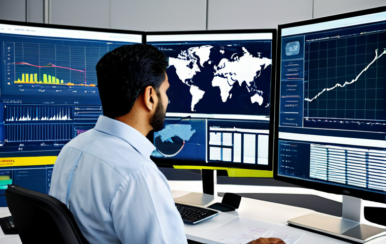 A professional Pakistani male logistics manager, mid-career, wearing a modest business suit and a crisp button-up shirt. He is standing in a modern, clean logistics control room, thoughtfully observing multiple large, holographic screens that display complex yet clear supply chain data visualizations, including interconnected global maps and real-time data streams. The scene emphasizes transparency and efficiency in logistics, with subtle visual elements representing secure data flow. The atmosphere is professional and calm. Professional photography, high resolution, soft studio lighting, crisp details, sharp focus, perfect anatomy, correct proportions, natural pose, well-formed hands, proper finger count, natural body proportions, fully clothed, modest clothing, appropriate attire, professional dress, safe for work, appropriate content.