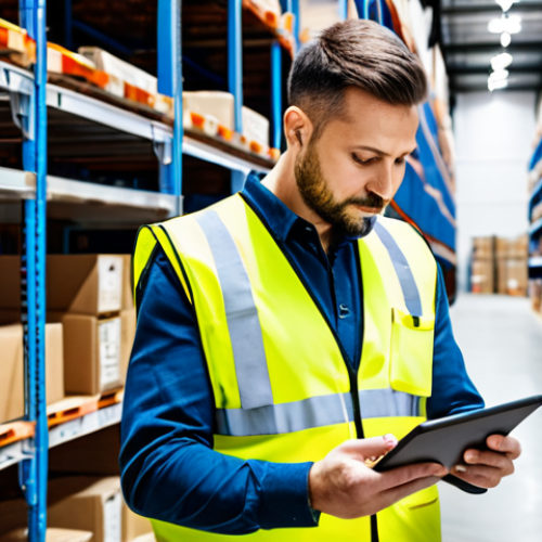 Home 20 **
"A logistics professional in a modern warehouse setting, wearing a safety vest and holding a tablet, checking inventory. Shelves are stocked with neatly organized boxes. Natural lighting, focus on efficiency and organization, safe for work, appropriate content, fully clothed, professional, perfect anatomy, correct proportions, natural pose, well-formed hands, proper finger count, natural body proportions."
**