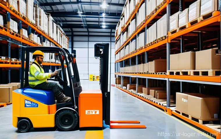 물류관리사 물류 관련 법규 정리 - **Prompt: Modern Warehouse Safety and Efficiency**
"A photorealistic, brightly lit scene inside ...