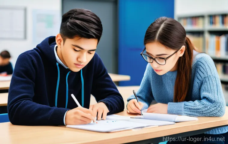 물류관리사 모의고사 준비법 - **Prompt:** "A diverse group of five young adult students, aged 19-24, intently focused around a lar...