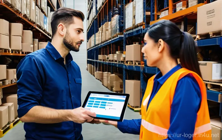 물류관리사와 물류 보안 시스템 - **Prompt:** A bustling, modern logistics warehouse with a dedicated and focused female logistics man...