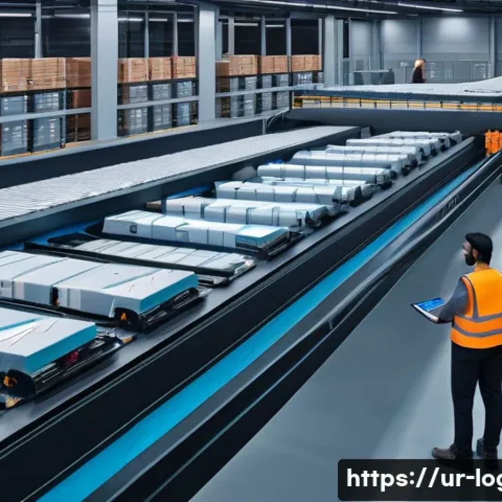 물류관리사 업계 기술 세미나 - A modern logistics warehouse interior showing an automated robotic system in action, with sleek robo...