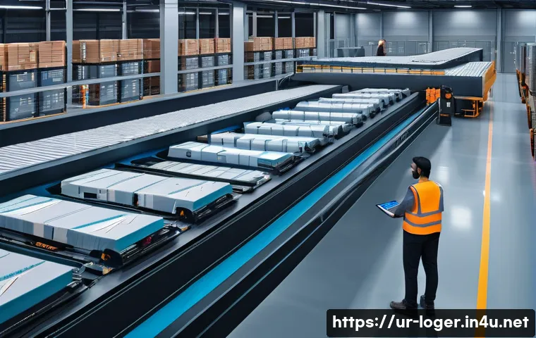 물류관리사 업계 기술 세미나 - A modern logistics warehouse interior showing an automated robotic system in action, with sleek robo...
