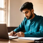 물류관리사 시험 응시료 정보 - A modern digital workspace scene showing a young South Asian man registering online for a logistics ...