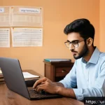 물류관리사 시험 대비 교재 추천 - A focused young South Asian man studying for a logistics exam at a traditional wooden desk, surround...