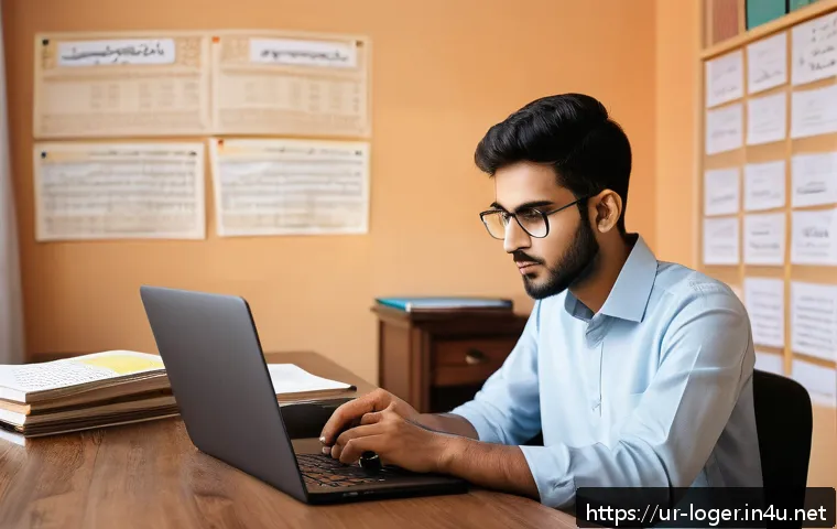 물류관리사 시험 대비 교재 추천 - A focused young South Asian man studying for a logistics exam at a traditional wooden desk, surround...