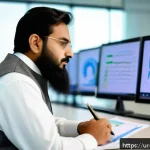 물류관리사 자격증 갱신 절차 - A professional Pakistani man attending a modern business workshop focused on logistics skills update...